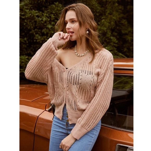 🎥 Hollow Out Pink Buttoned V-Neck Cardigan - Picture 3 of 17